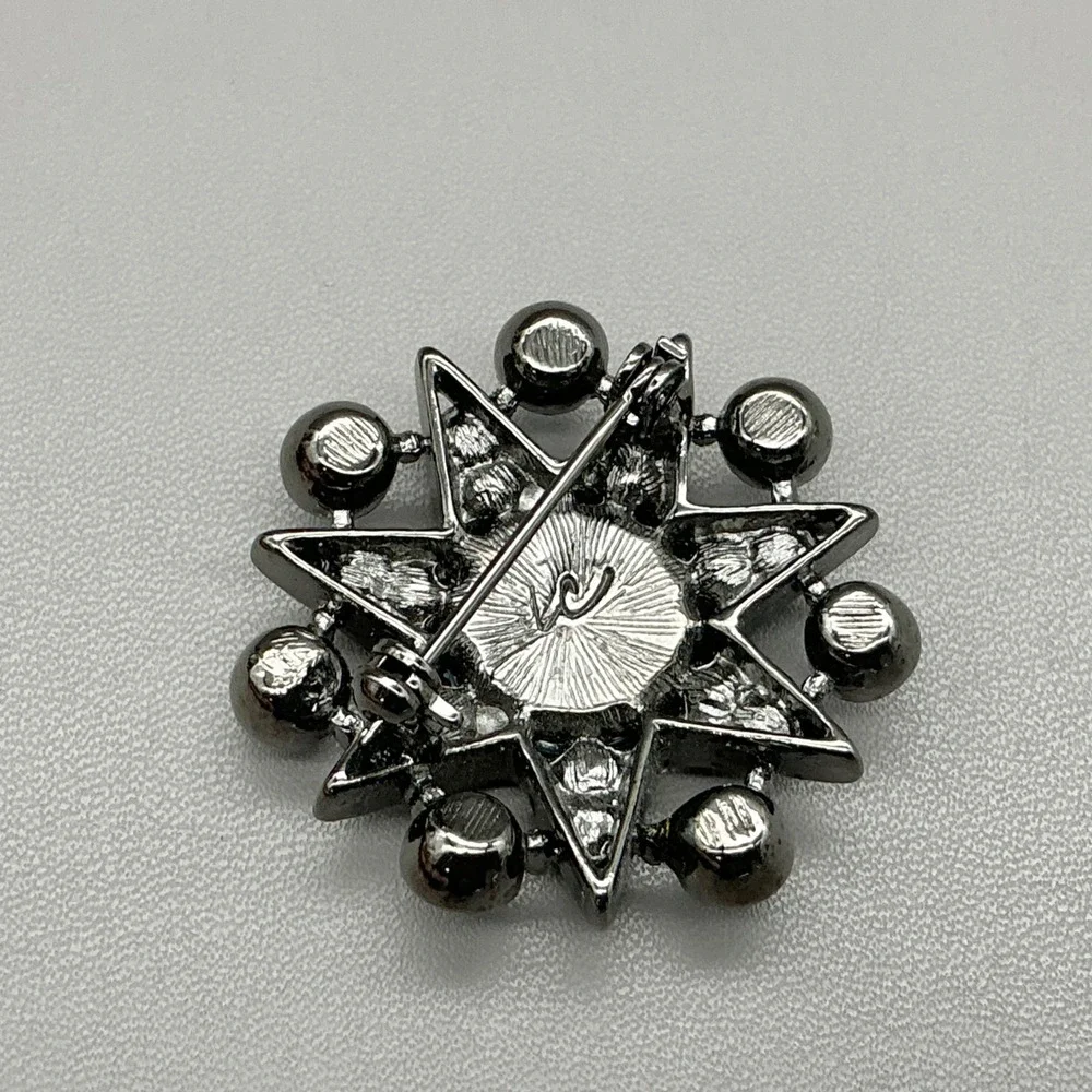 Liz Claiborne Brooch Womens Blue Starburst Rhinestone Gunmetal Fashion Jewelry